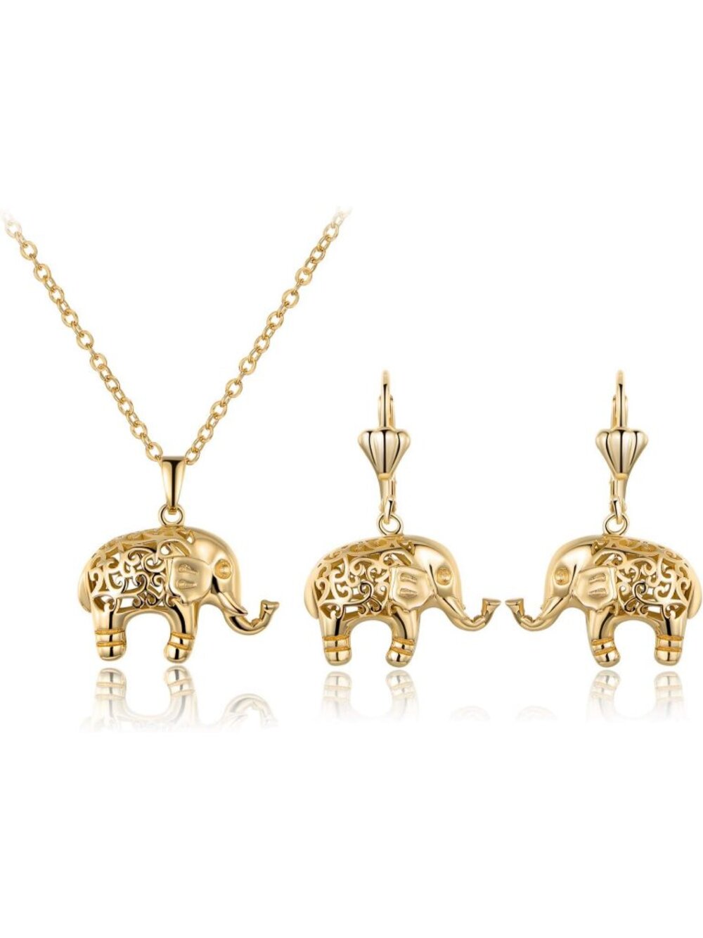 Women’s Yellow Gold Metal Filigree Elephant Jewelry Set Necklace Earrings